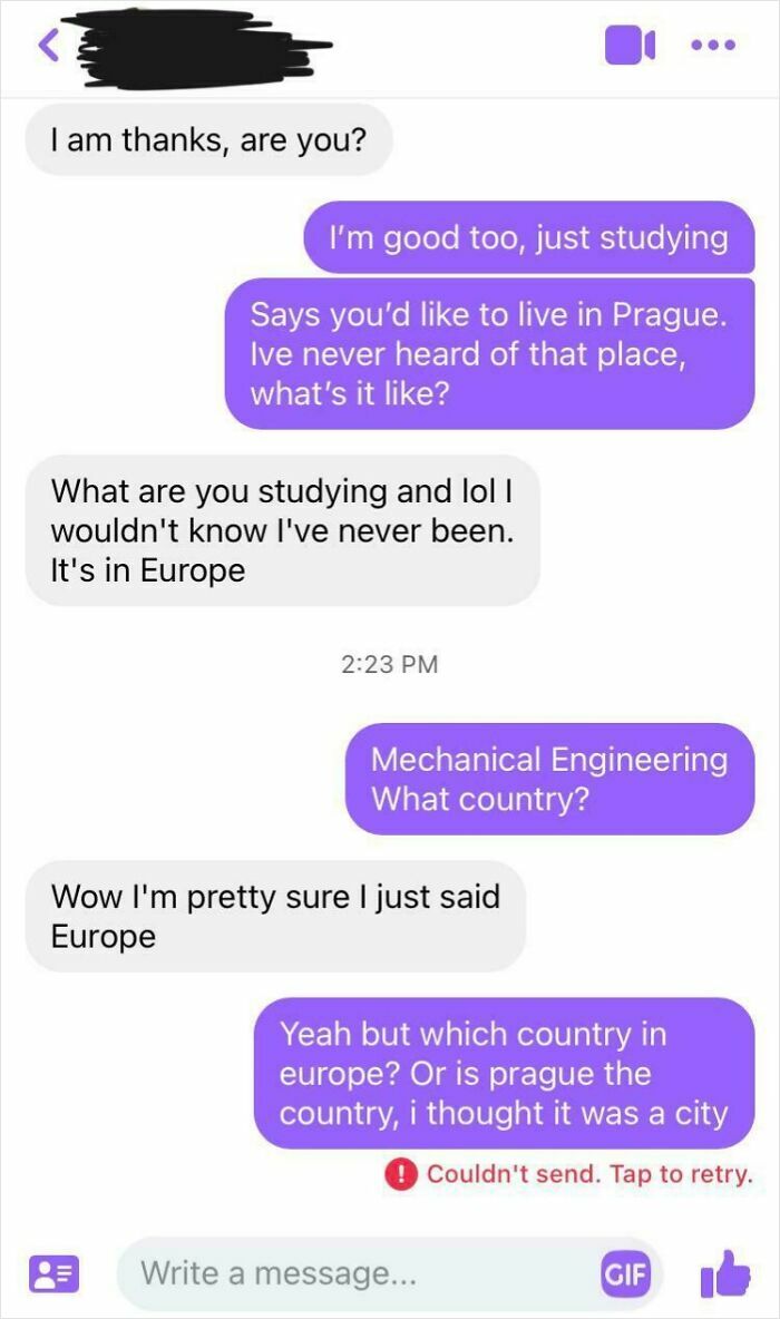 Text conversation showing confusion about the location of Prague in Europe, illustrating brutal rejections that left people baffled.