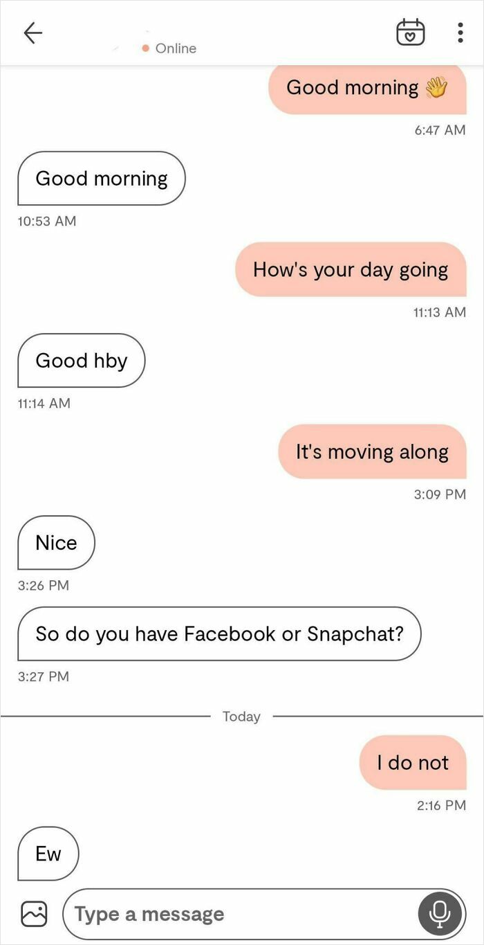 Text message exchange showing a brutal rejection that left one person baffled in an awkward chat conversation.
