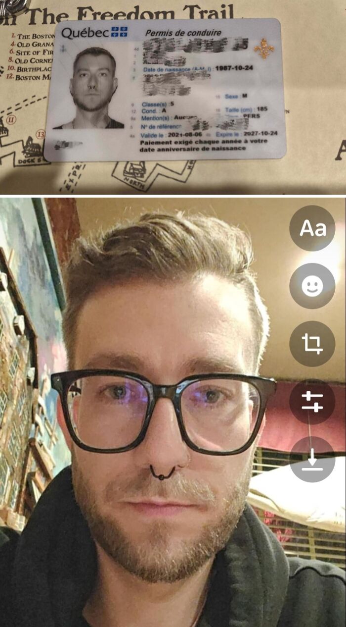 Man with glasses and septum piercing next to a blurred Quebec ID, illustrating brutal rejections that left people baffled.