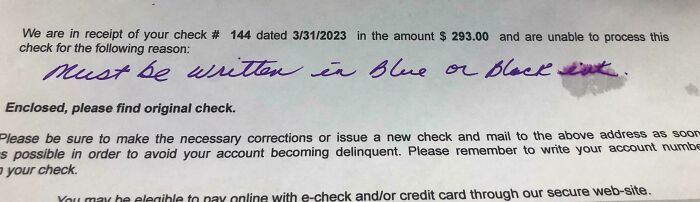 Rejected check with handwritten note explaining the reason, illustrating one of the brutal rejections that left people baffled.