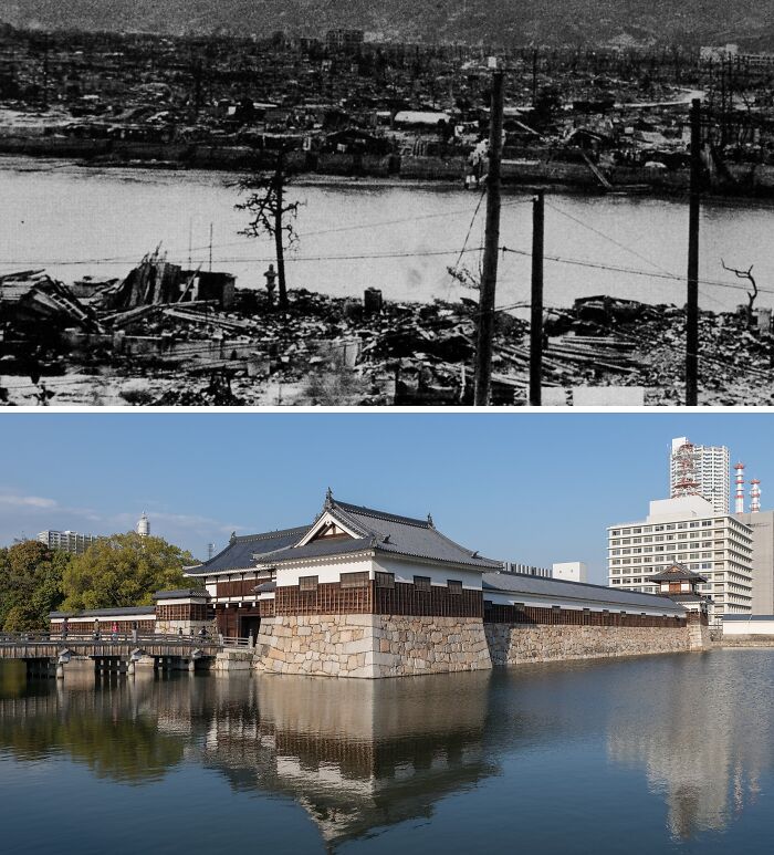 Historic building reflected in water showcasing restoration efforts after near destruction from war damage.