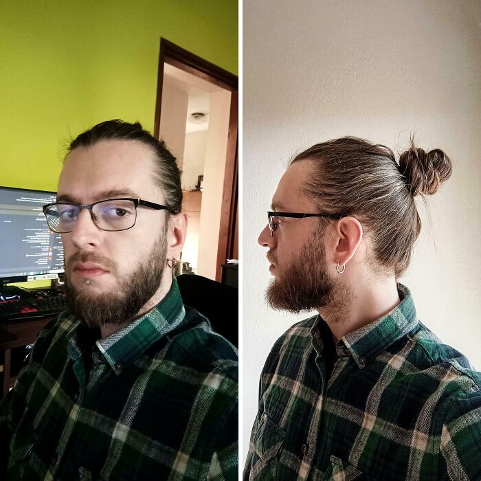 Man with glasses and a beard wearing a green plaid shirt, shown in front and side views, illustrating brutal rejections concept.