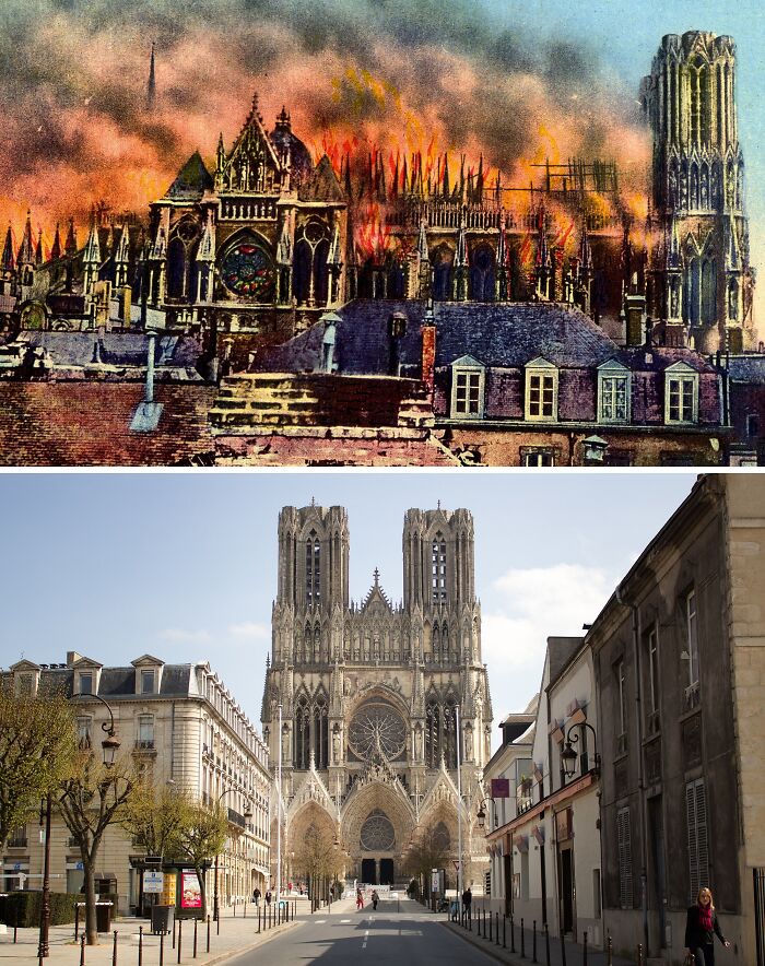 Historic buildings at risk of destruction by fire and their restored, preserved architectural grandeur in an urban setting.