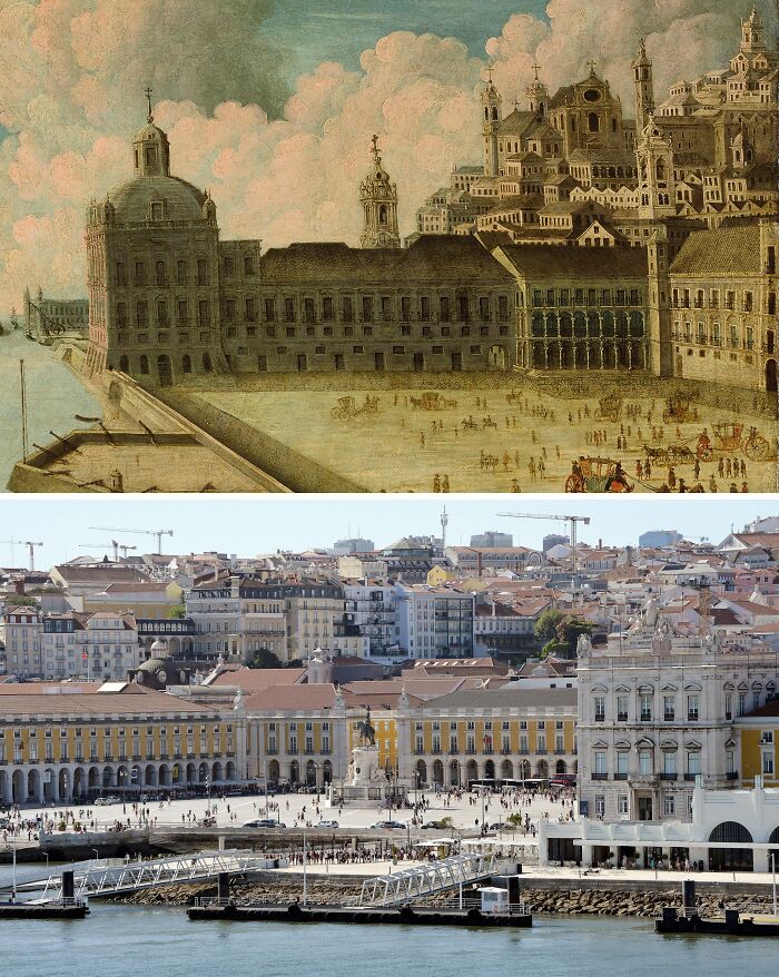 Historic buildings in a city square shown in a historic painting and a modern photograph, highlighting preservation efforts.