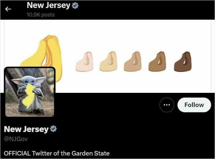 New Jersey official social media account humor with creative emoji art showing diverse hand colors in a playful post.