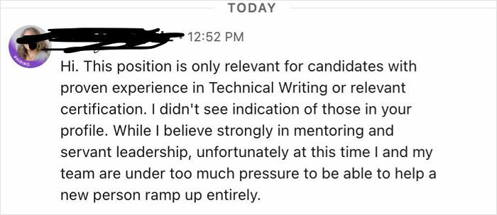 Message explaining rejection due to lack of required technical writing experience, a brutal rejection that left the candidate baffled.