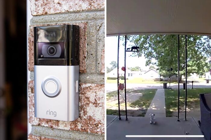 Smart video doorbell mounted on brick wall and porch view from security camera, one of the most wished for items on Amazon.