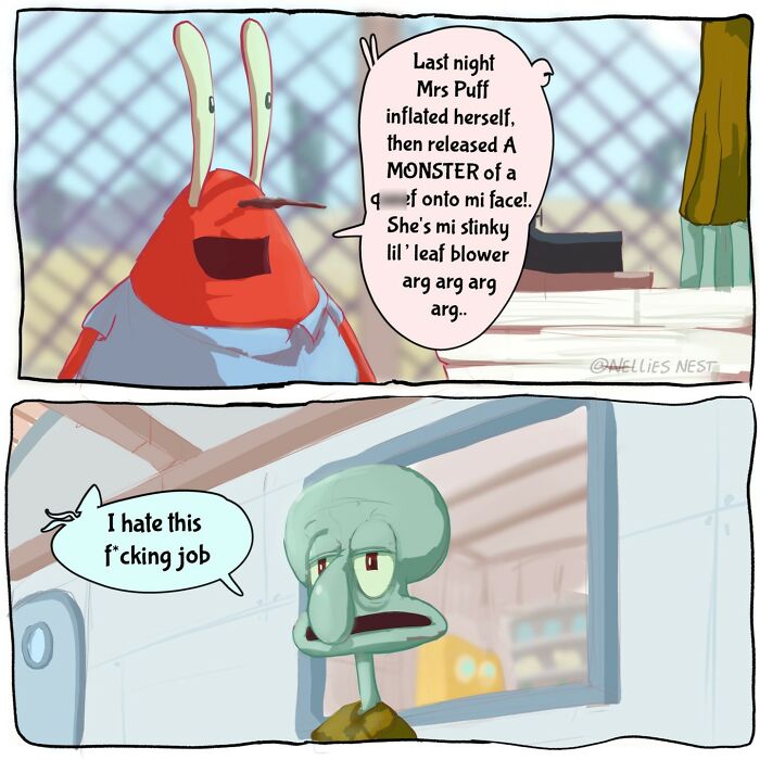 Comic panels from Nellie’s Nest featuring a humorous exchange between two cartoon sea characters in a workplace setting.