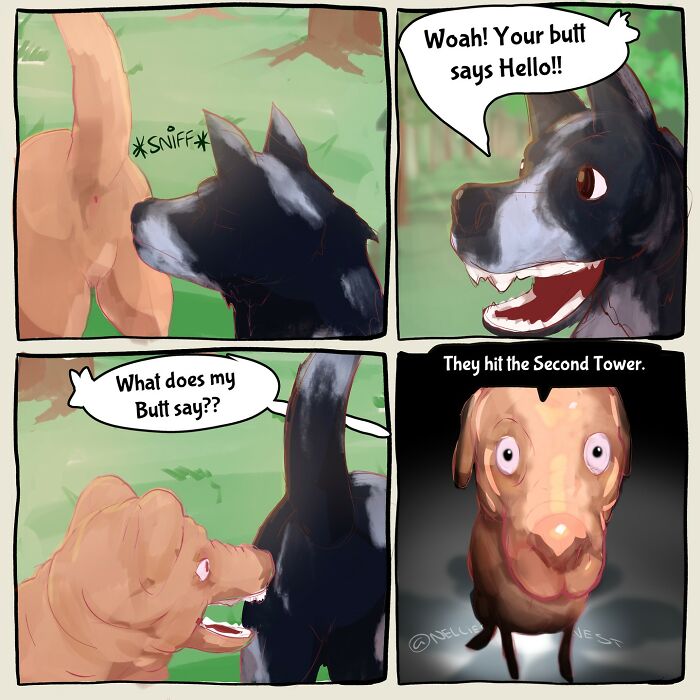 Comic from Nellie’s Nest featuring dogs humorously talking about what one dog’s b**t says.
