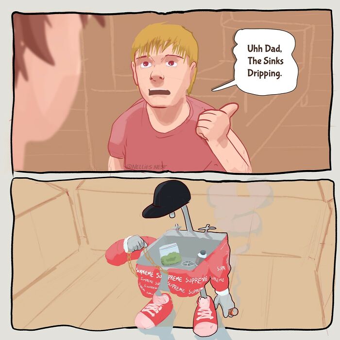 Comic from Nellie’s Nest showing a boy telling his dad the sink is dripping and a personified dripping sink.