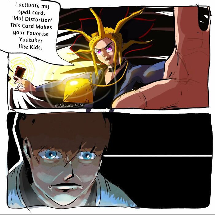 Comic panel from Nellie’s Nest showing a character activating a spell card with glowing effects in a dramatic scene.