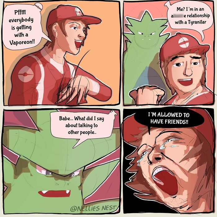 Comic from Nellie’s Nest showing a humorous interaction between a trainer and a Tyranitar about friendships and Vaporeon.