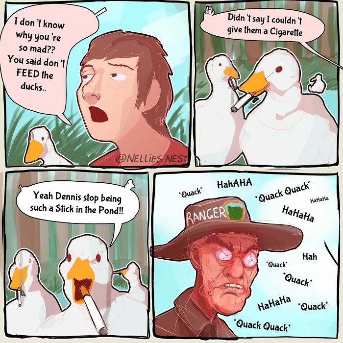 Comic from Nellie’s Nest showing ducks smoking and joking, creating a humorous and unexpected comic scene.