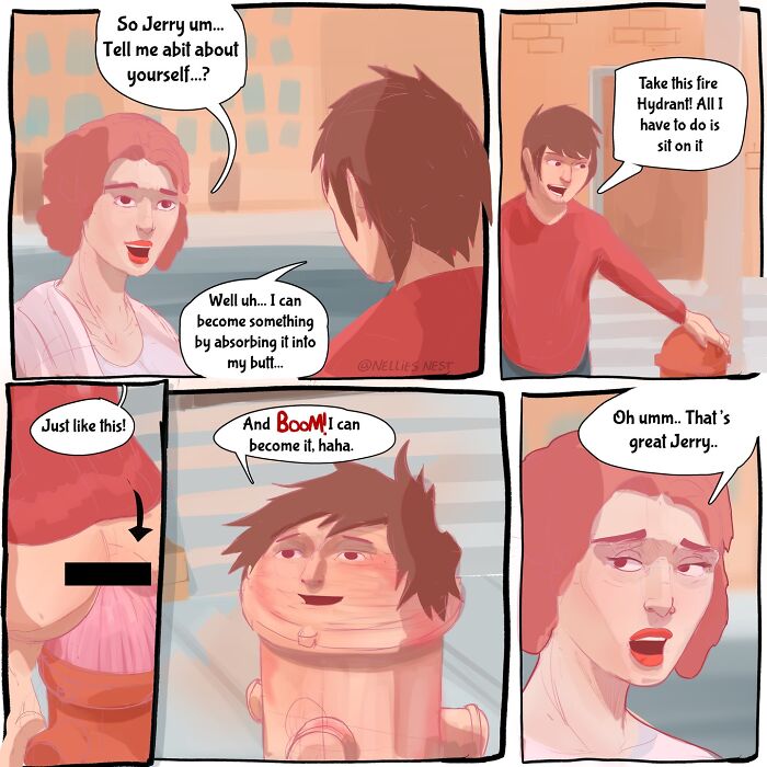 Comic panels from Nellie’s Nest showing a character humorously transforming into a fire hydrant by sitting on it.