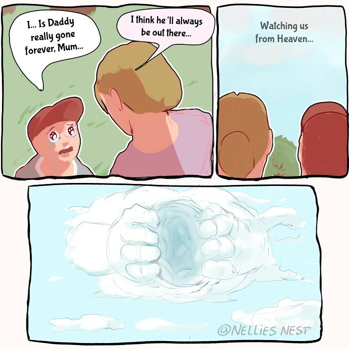 Comic by Nellie’s Nest showing a child asking about loss and a cloud forming hands watching from heaven.