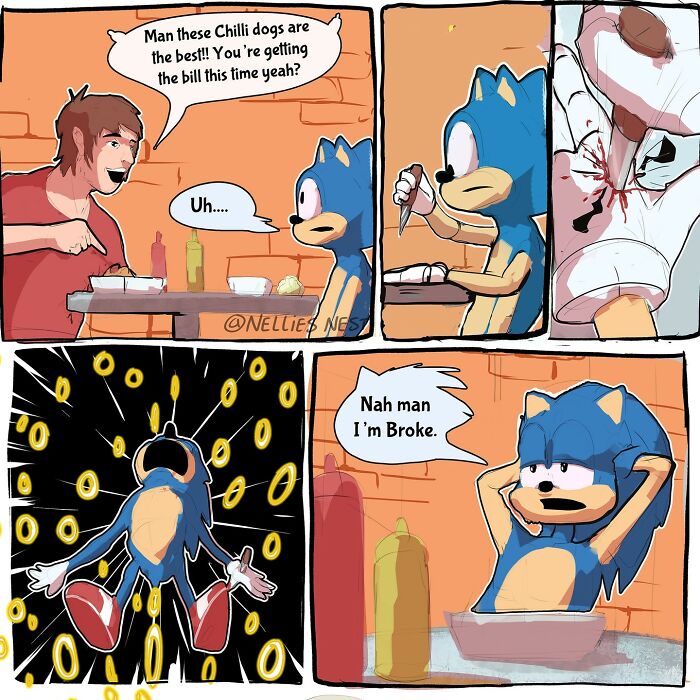 Comic strip by Nellie’s Nest featuring a blue character reacting humorously about being broke over a meal.