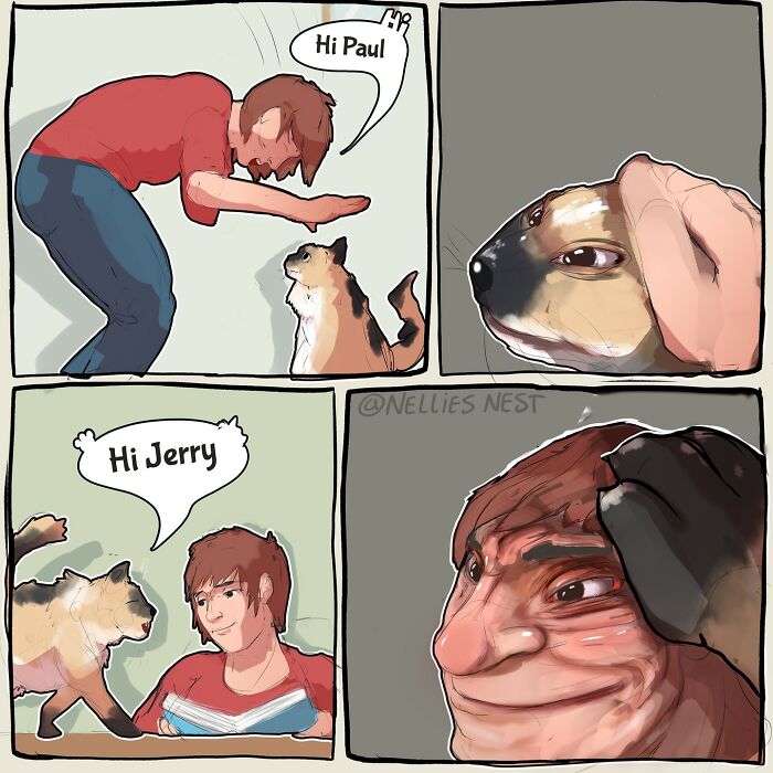 Comic panels by Nellie’s Nest showing humorous interactions between a person and their pets with expressive faces and dialogue.