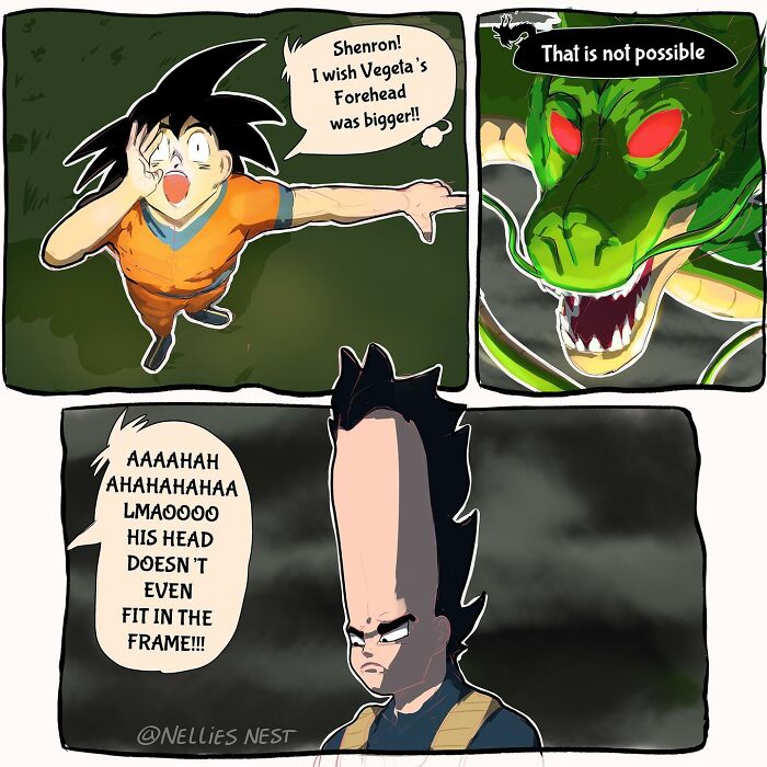 Comic from Nellie’s Nest featuring humorous characters with exaggerated features and funny dialogue about Vegeta’s forehead.