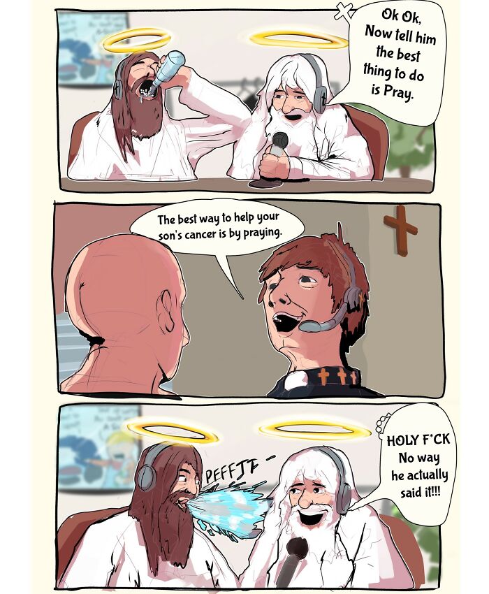 Comic panels from Nellie’s Nest showing humorous dialogue about prayer, with characters wearing halos and headsets.