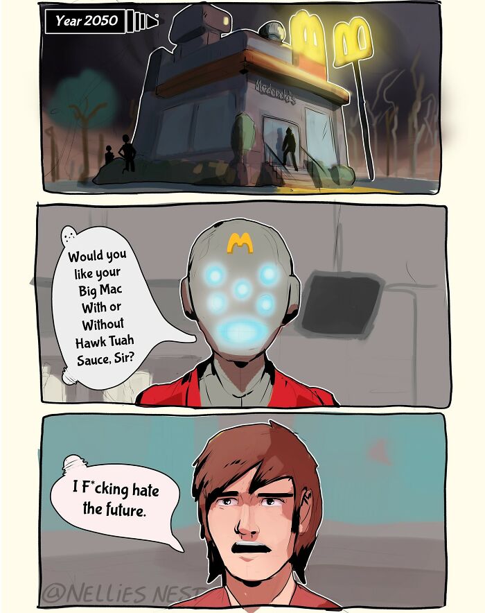 Futuristic comic by Nellie’s Nest showing a robot McDonald's worker asking about Big Mac sauce in the year 2050.