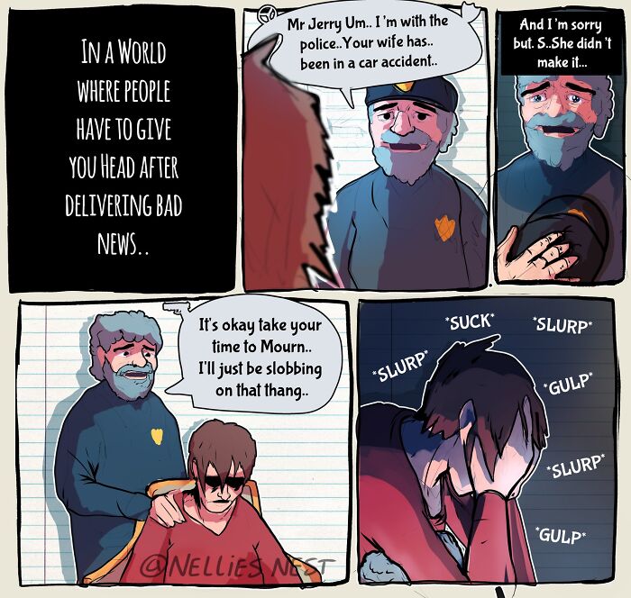 Comic from Nellie's Nest showing a police officer delivering bad news with dark humor and emotional reactions.