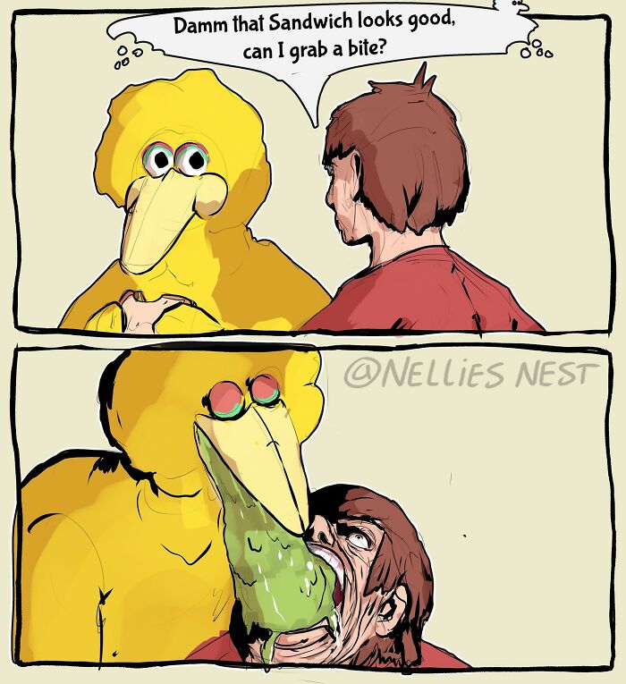 Comic from Nellie's Nest showing a surreal scene with a large yellow bird and a person in a shocking interaction.