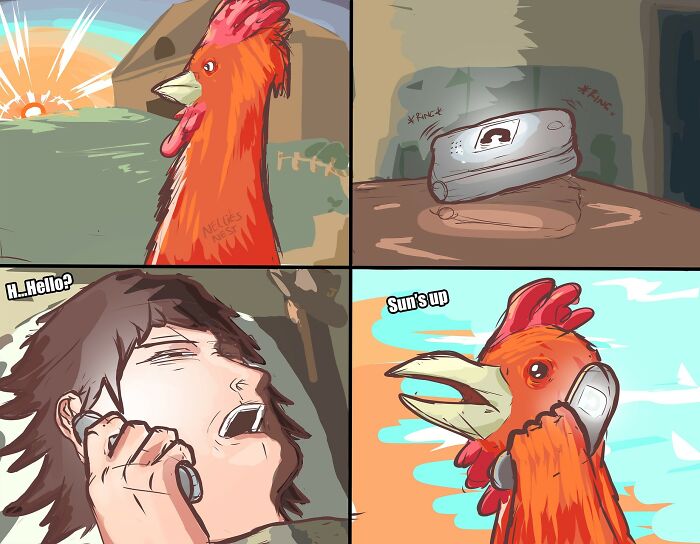 Comic panels featuring a chicken and person in a humorous phone call, illustrating Nellie's Nest comics style and humor.