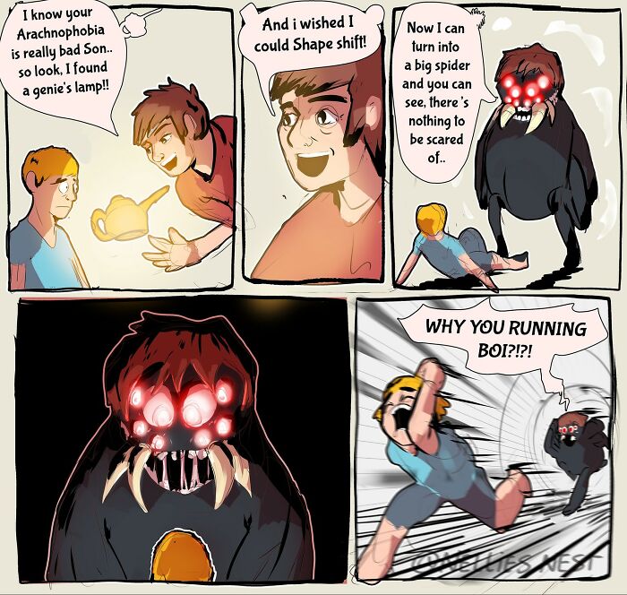 Comic panels from Nellie’s Nest showing a humorous spider transformation and a boy running in fear, capturing laughs and surprise.