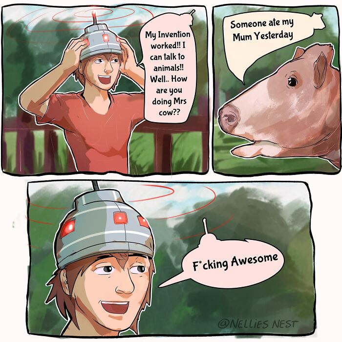 Comic from Nellie’s Nest featuring a boy using an invention to talk to a cow with humorous dialogue.