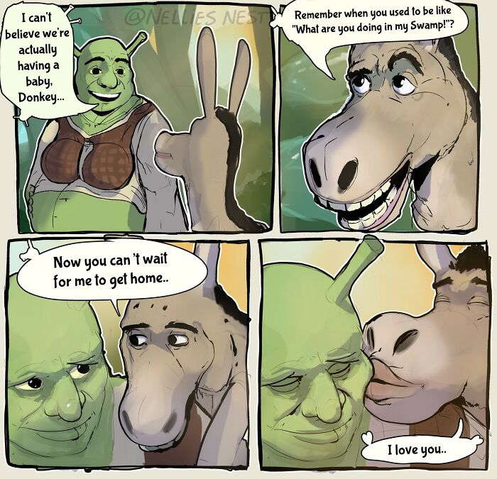 Comic panels featuring cartoon characters Shrek and Donkey in a funny and heartfelt moment from Nellie’s Nest comics.