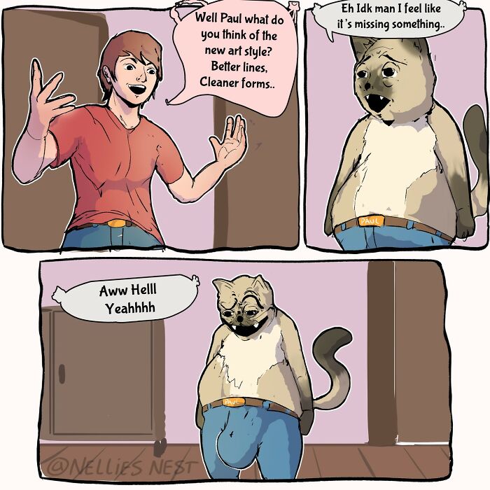 Comic by Nellie’s Nest showing a man and an anthropomorphic cat discussing new art style with humorous twist.