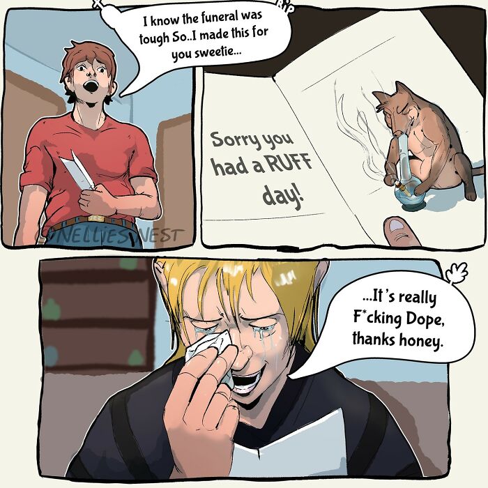 Comic from Nellie’s Nest showing a humorous card with a dog cartoon and emotional reaction, capturing laughter and surprise.