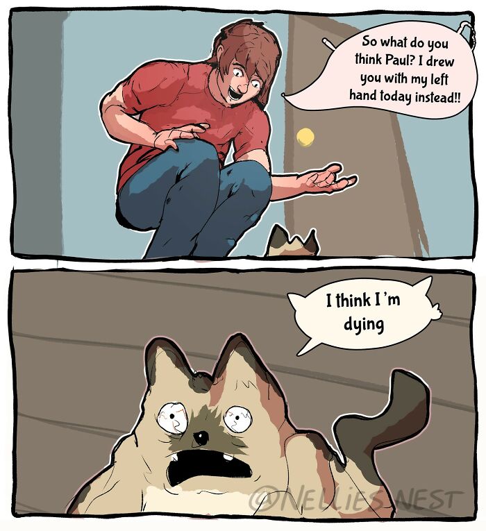 Comic from Nellie's Nest showing a person talking to a shocked cat with humorous speech bubbles.