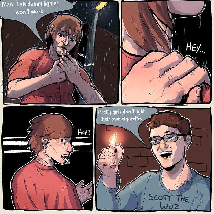 Comic panels by Nellie’s Nest showing a man struggling with a lighter and another person offering to light his cigarette.