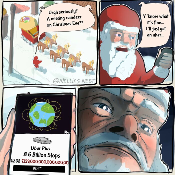 Comic by Nellie’s Nest showing Santa upset about a missing reindeer, using Uber with global stops on phone.