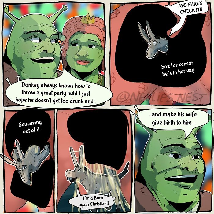 Comic strip from Nellie’s Nest featuring humorous characters resembling Shrek and Donkey in a funny party scene.
