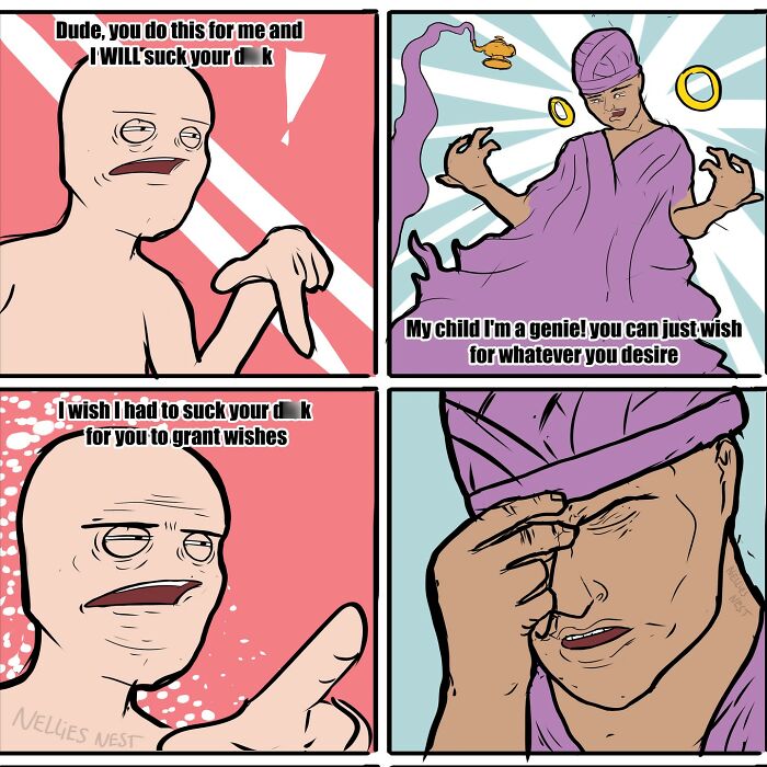Four-panel comic by Nellie's Nest featuring a genie and a man in a humorous and awkward wish-granting scenario.