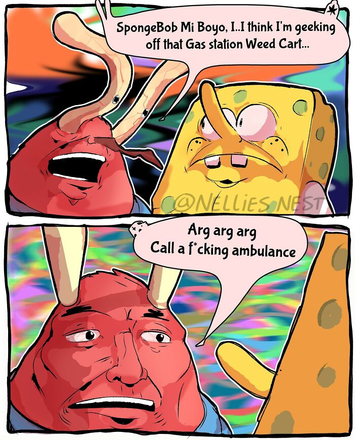Comic from Nellie’s Nest featuring a bizarre SpongeBob parody with humorous and surreal dialogue.