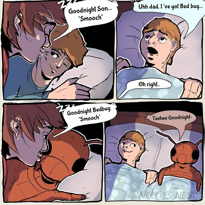 Comic strip from Nellie’s Nest showing a humorous bedtime scene with a boy, his dad, and a talking bedbug.