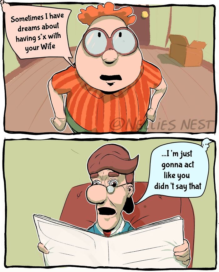 Comic from Nellies Nest showing a man awkwardly confessing dreams and another man reacting in disbelief.
