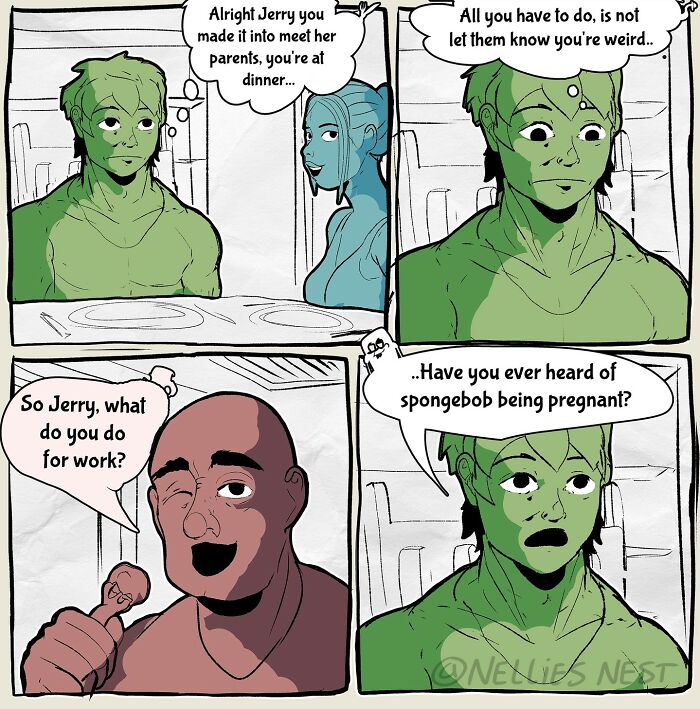 Comic from Nellie’s Nest showing a green character nervously meeting her partner’s parents at dinner.