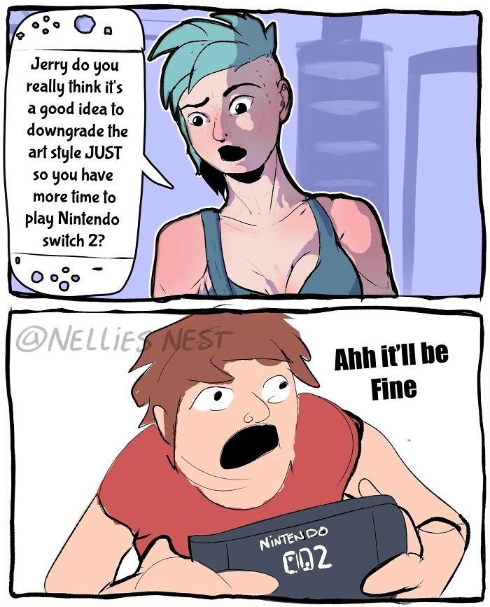 Comic from Nellie’s Nest showing a casual conversation about downgrading art style to play Nintendo Switch 2.
