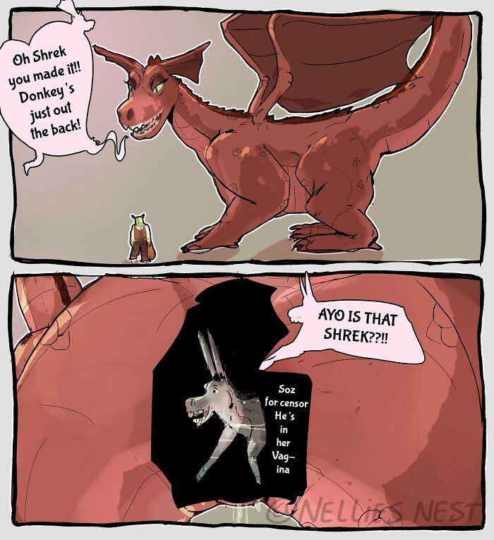 Comic from Nellie’s Nest showing a dragon with a talking donkey, humorous and surreal cartoon style.