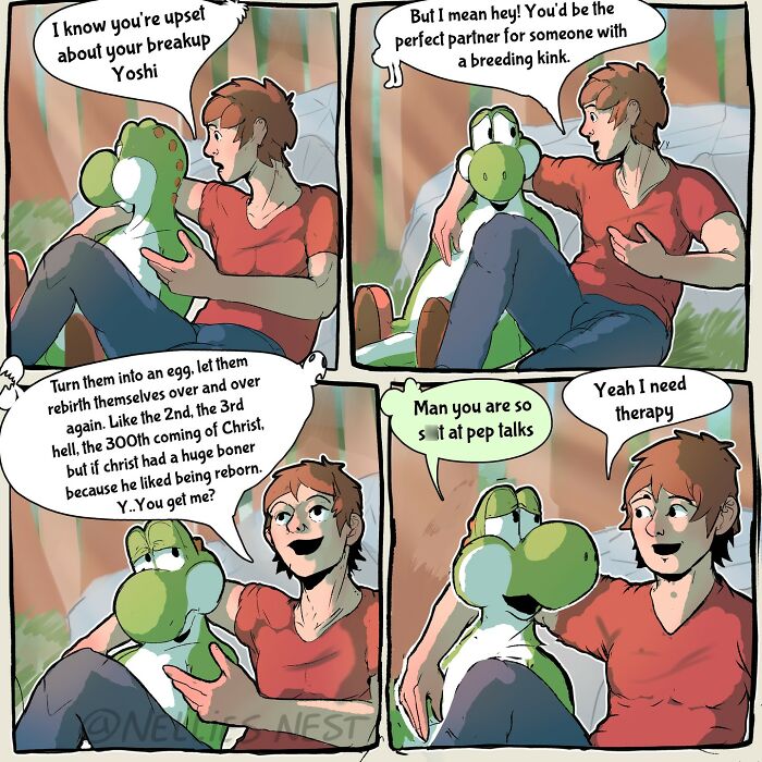 Comic from Nellie’s Nest showing a humorous conversation between a man and Yoshi about breakups and therapy.