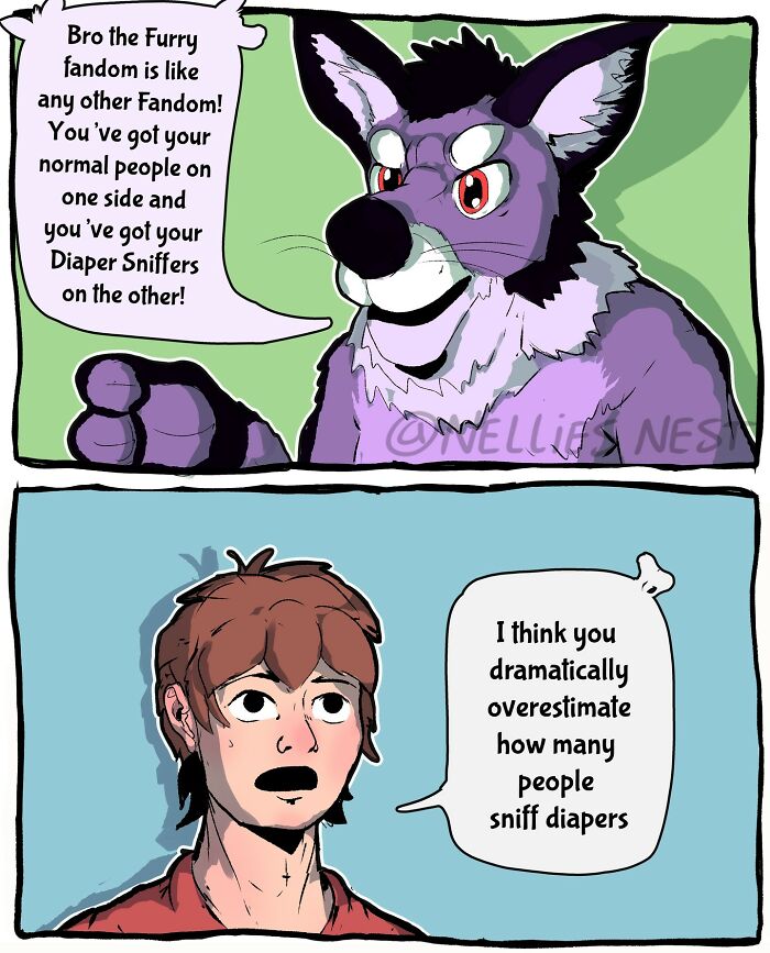 Comic from Nellie’s Nest showing a purple furry character and a person debating about the furry fandom.