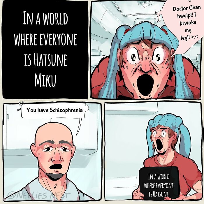 Comic by Nellie’s Nest featuring a shocked character with blue hair and a doctor diagnosing schizophrenia.
