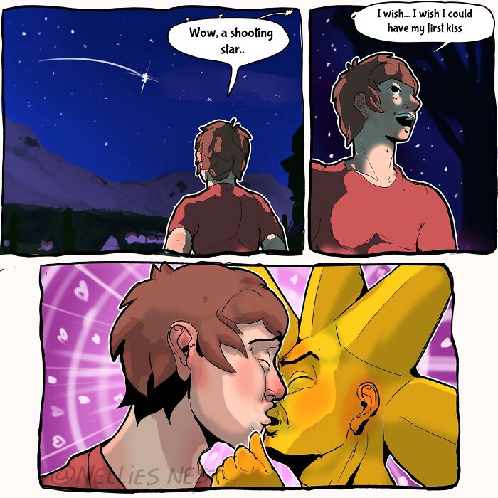 A comic from Nellie’s Nest showing a man wishing on a shooting star and kissing a star character humor and surreal comics.