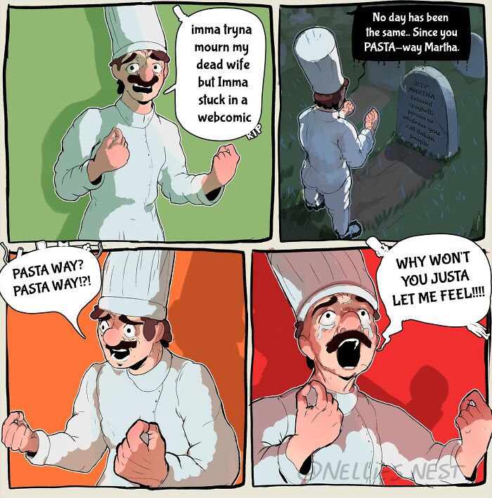 Comic panels from Nellie’s Nest webcomic featuring a chef mourning his wife with humorous pasta wordplay.