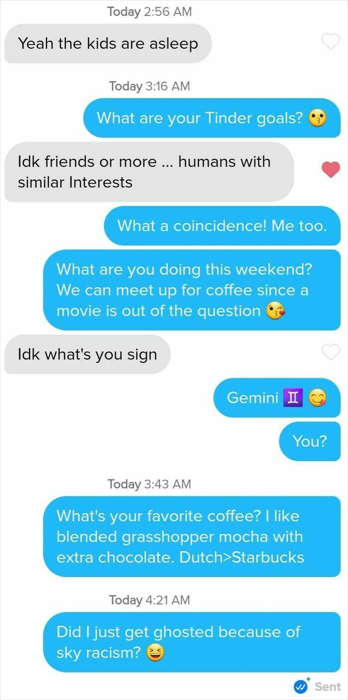 Text message exchange showing a baffling Tinder rejection, illustrating brutal rejections that left people confused.