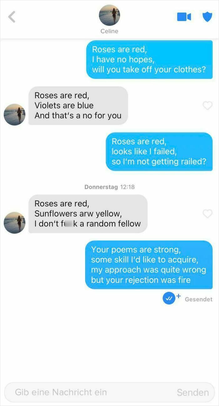 Text message conversation showing brutal rejection poems that left people baffled for days on a dating app chat.